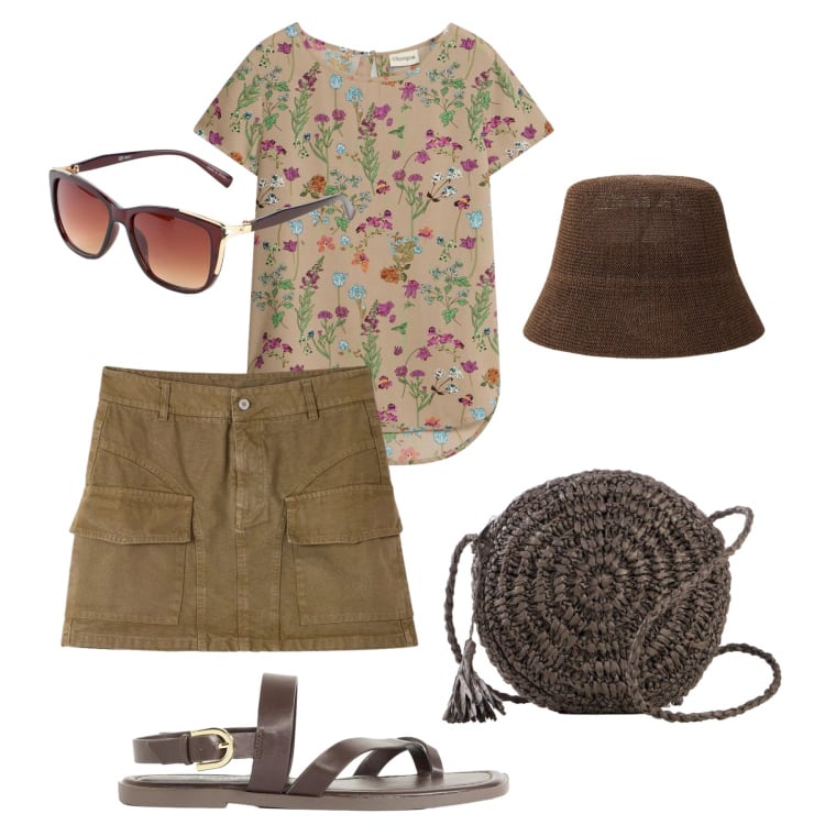 Outfit donna - Primi caldi, tempo libero. Stile Urban per Tutti i giorni. Abbinamento con bluse, occhiali da sole, sandali, borse a tracolla, minigonne, cappelli.
