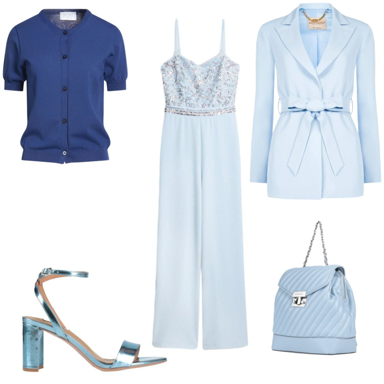 Outfit donna - Chefchaouen, la città blu. Stile Chic per Cerimonia. Abbinamento con zaini, sandali in pelle, cardigans, tute, blazer.