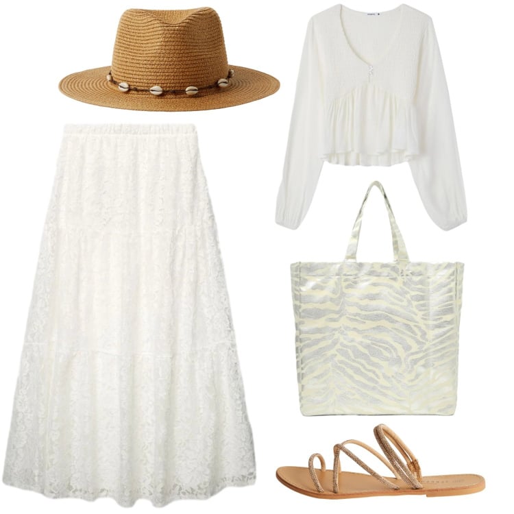 Outfit donna - Bianca trasparenza. Stile Boho per Mare. Abbinamento con bluse, gonne lunghe, sandali, cappelli, shopping bag.