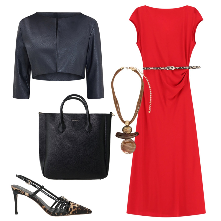 Outfit donna - spring red dress. Stile Casual chic per Ufficio. Abbinamento con décolleté, vestiti midi/longuette, borse a tracolla, bolero, ciondoli.