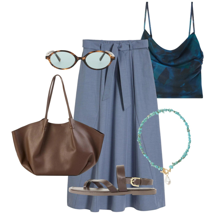 Outfit donna - Total look #2407619. Stile Casual per Tutti i giorni. Abbinamento con gonne lunghe, shopping bag, sandali, canottiere, occhiali da sole, collane.