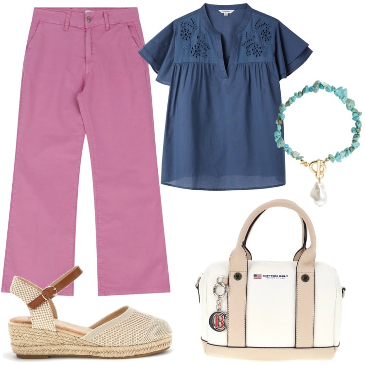 Outfit donna - Jeans rosa e blusa. Stile Basic per Tutti i giorni. Abbinamento con bluse, braccialetti, jeans, borse a mano, zeppe.