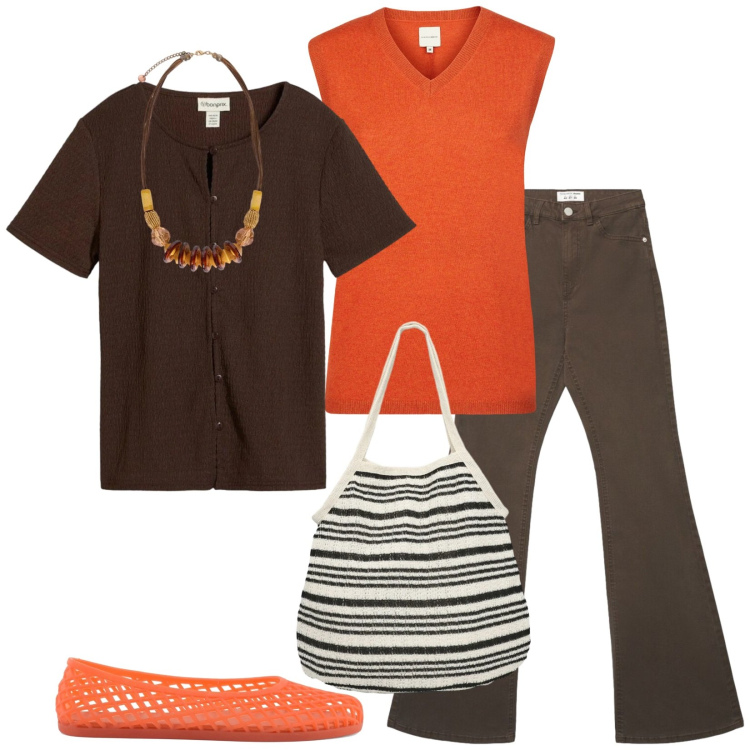 Outfit donna - Total look #2407622. Stile Casual chic per Tutti i giorni. Abbinamento con cardigans, jeans a zampa, shopping bag, collane, maglieria, ballerine.
