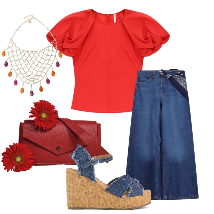 Outfit donna - Denim & blusa ogni giorno. Stile Casual chic per Tutti i giorni. Abbinamento con bluse, jeans, collane, borse a tracolla, zeppe.