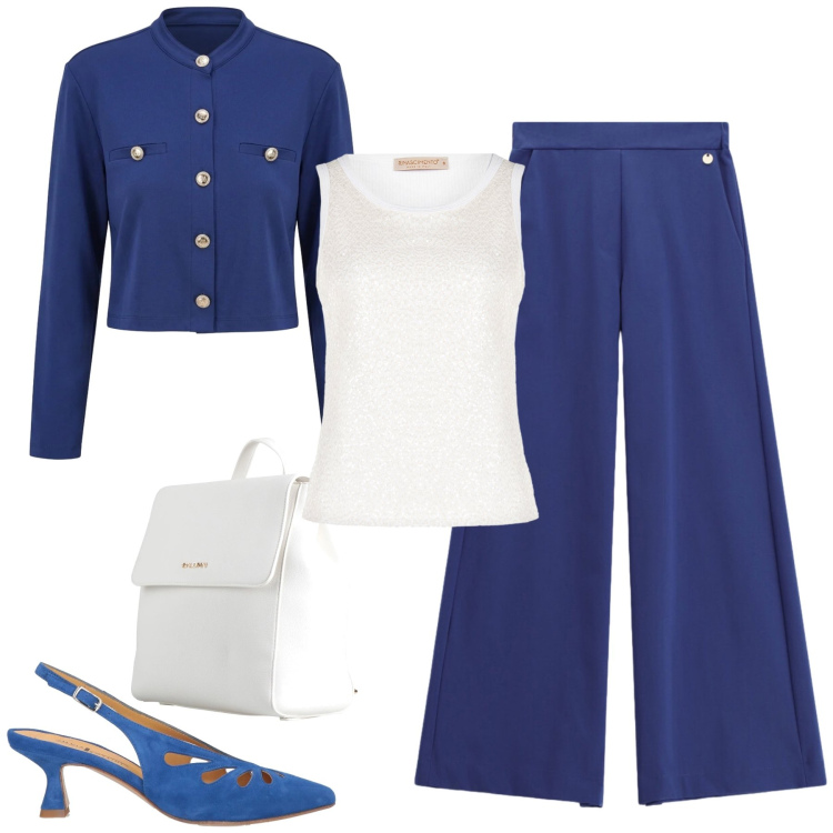 Outfit donna - spring in blue. Stile Casual chic per Ufficio. Abbinamento con décolleté, zaini, canottiere, cardigans, pantaloni a palazzo.