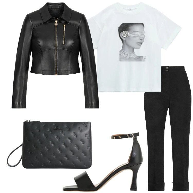 Outfit donna - Stampa glamour. Stile Rock per Serata fuori. Abbinamento con pantaloni, giacche, t-shirt, sandali col tacco, anelli.