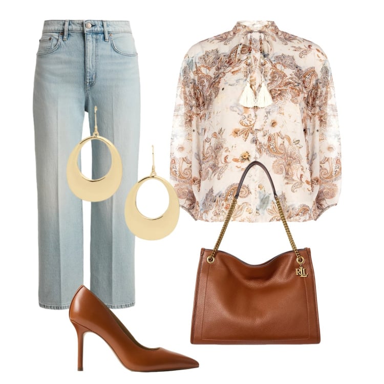 Outfit donna - Blusa floreale. Stile Casual chic per Ufficio. Abbinamento con bluse, jeans dritti, orecchini, borse tote, décolleté.