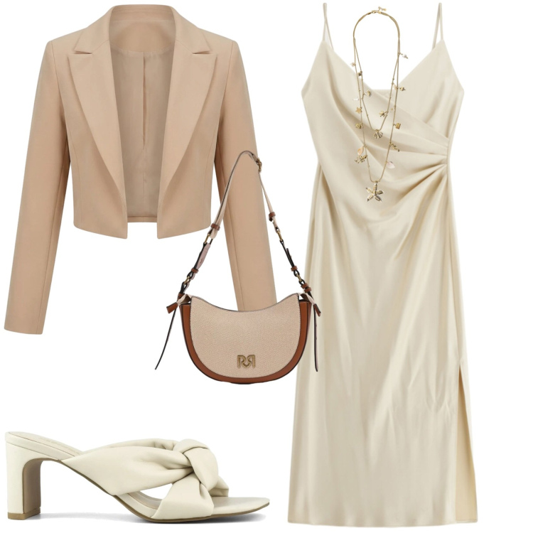 Outfit donna - Chic ufficio tempo libero. Stile Chic per Tutti i giorni. Abbinamento con bolero, borse a tracolla, vestiti midi/longuette, collane, sandali col tacco.