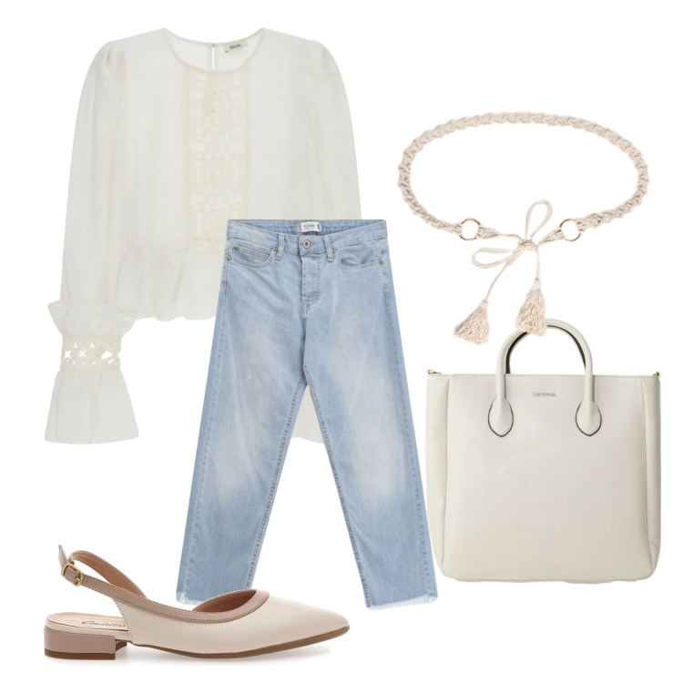 Outfit donna - Blusa e jeans versione boho chic. Stile Boho per Tutti i giorni. Abbinamento con borse a tracolla, jeans, cinture, bluse, ballerine.