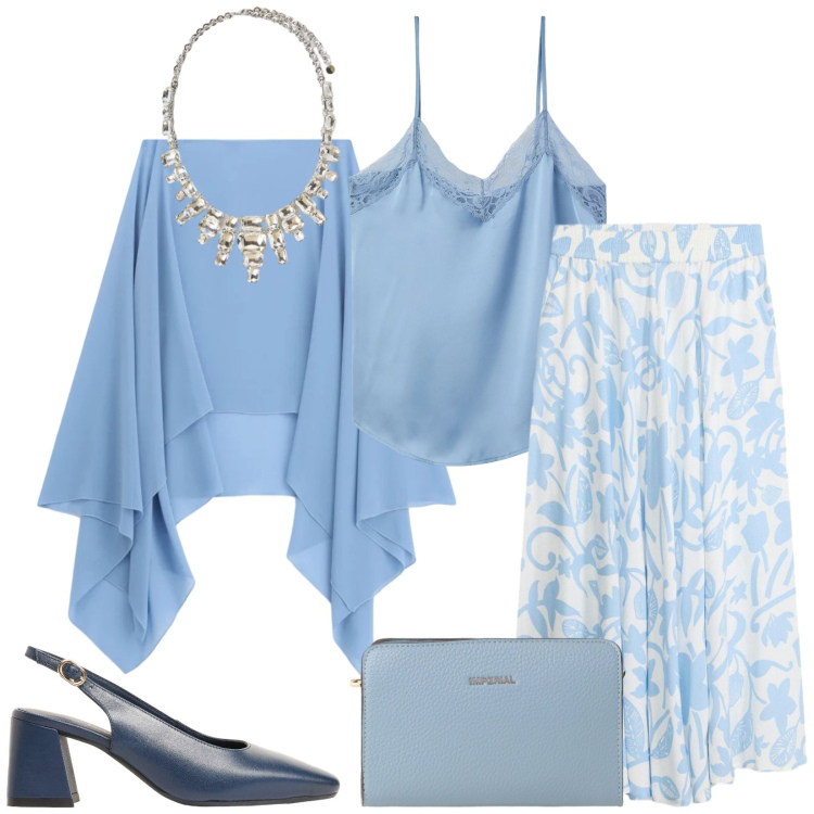 Outfit donna - Total look #2407662. Stile Chic per Cerimonia. Abbinamento con décolleté, gonne lunghe, canottiere, cappe, borse a tracolla, collane.
