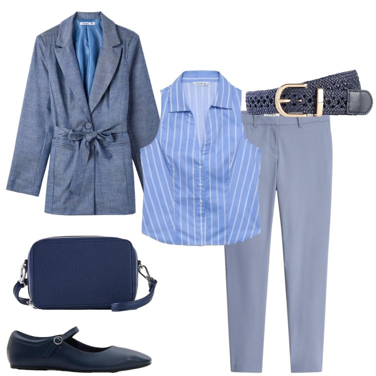 Outfit donna - Total look #2407666. Stile Urban per Ufficio. Abbinamento con ballerine, pantaloni, borse a tracolla, cinture, camicie a manica corta, blazer.