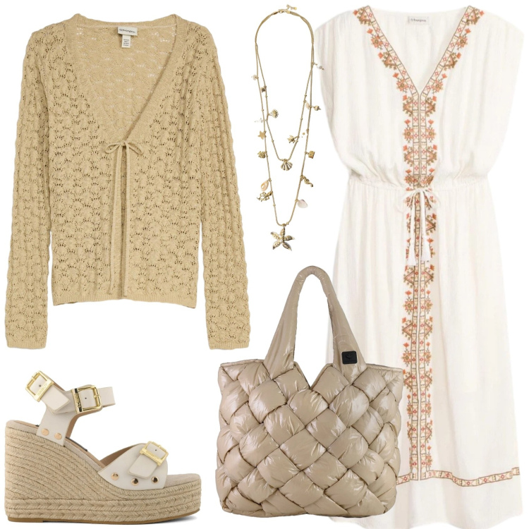 Outfit donna - L\'outfit di ispirazione Boho. Stile Boho per Tutti i giorni. Abbinamento con cardigans, vestiti midi/longuette, collane, borse tote, zeppe.