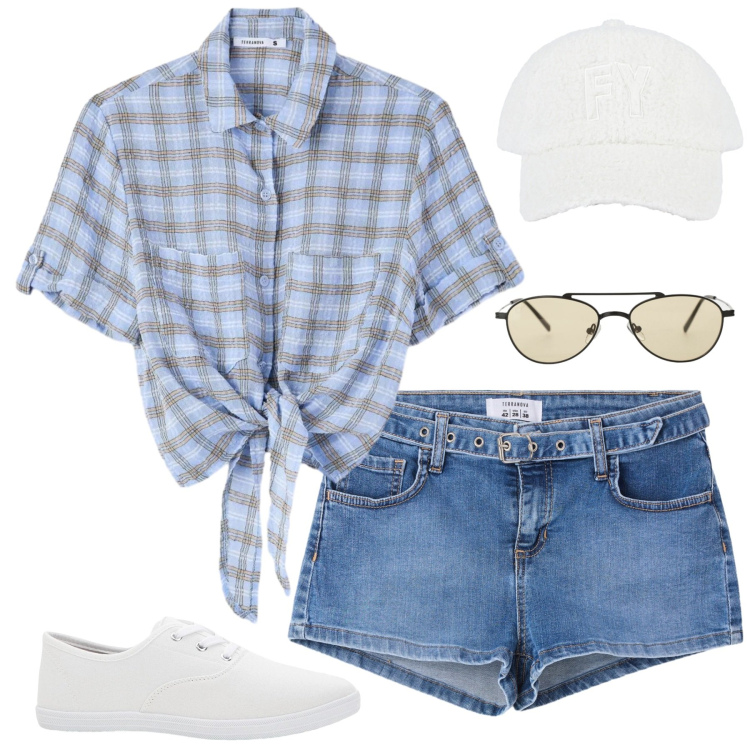Outfit donna - Blue Sky Summer ️. Stile Casual per Tutti i giorni. look ideale per Petite. Abbinamento con sneakers, shorts, shopping bag, camicie a manica corta, occhiali da sole, cappelli con visiera.