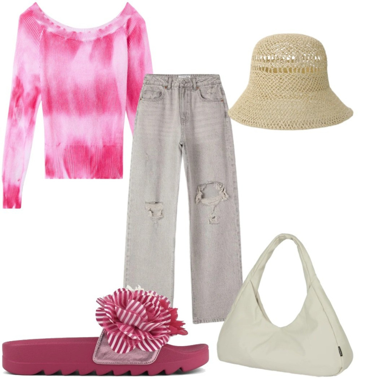 Outfit donna - Total look #2407703. Stile Trendy per Tutti i giorni. Abbinamento con maglieria, jeans strappati, cappelli, borse a spalla, ciabatte.