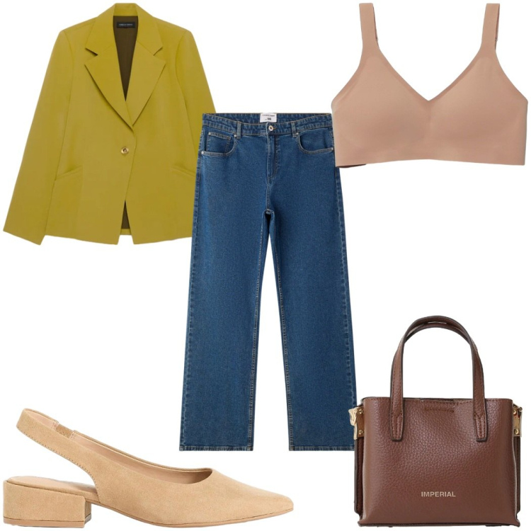 Outfit donna - Total look #2407733. Stile Casual chic per Tutti i giorni. Abbinamento con décolleté, jeans dritti, bralette, borse a tracolla, blazer.