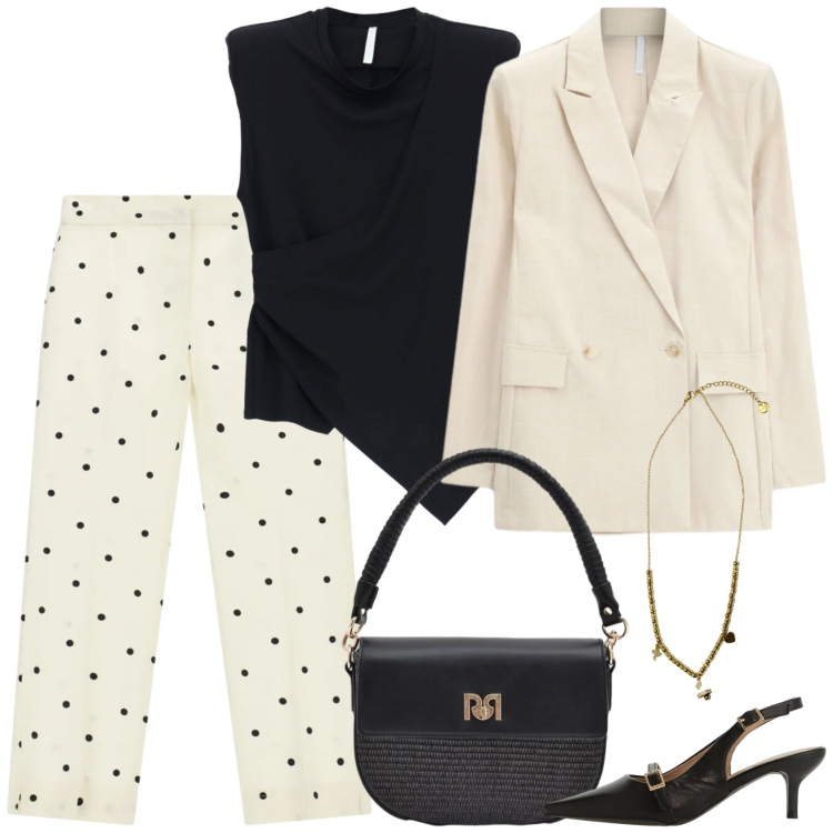 Outfit donna - Semplicemente elegante. Stile Chic per Serata fuori. Abbinamento con borse a spalla, pantaloni, sandali col tacco, blazer, top, ciondoli.