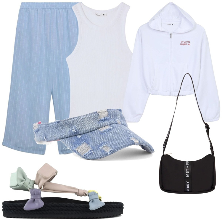 Outfit donna - Denim chiaro. Stile Sporty chic per Tutti i giorni. Abbinamento con felpe con cappuccio, canottiere, pantaloni a palazzo, borse a tracolla, sandali, cappelli con visiera.