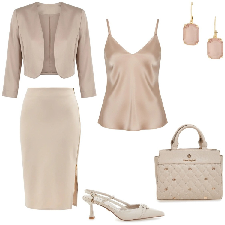 Outfit donna - Eleganza in beige. Stile Bon Ton per Cerimonia. Abbinamento con gonne longuette, blazer, top, orecchini, décolleté, borse a mano.