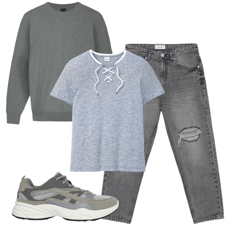 Outfit uomo - Total look #2407763. Stile Urban per Tutti i giorni. Abbinamento con t-shirt, sneakers, jeans strappati, maglieria.