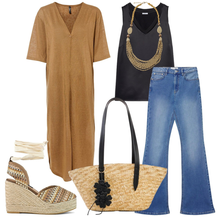 Outfit donna - Total look #2407772. Stile Etnico per Tutti i giorni. Abbinamento con cardigans, shopping bag, jeans a zampa, collane, top, zeppe.