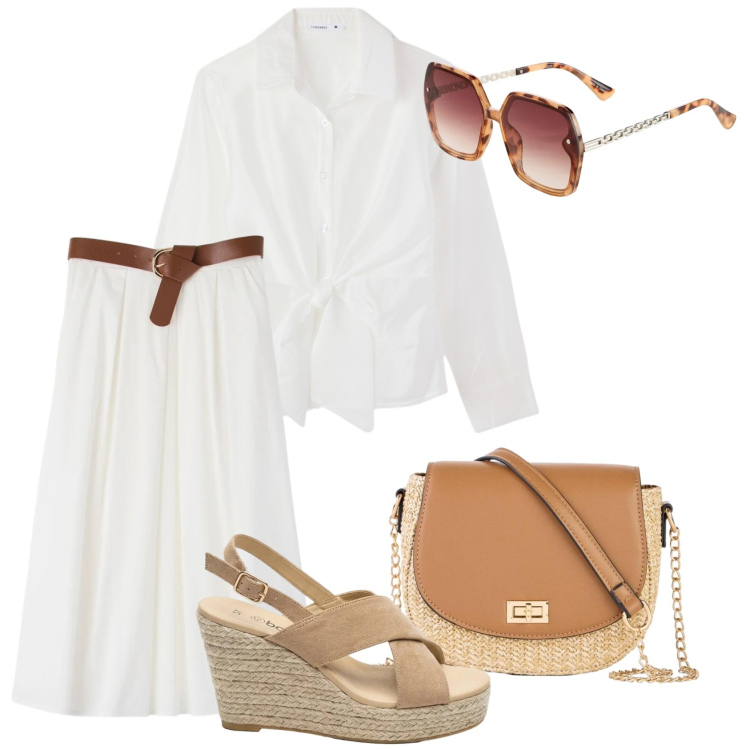Outfit donna - Essenziale e sofisticato. Stile Chic per Tutti i giorni. Abbinamento con occhiali da sole, borse a tracolla, sandali col tacco, gonne longuette, camicie.