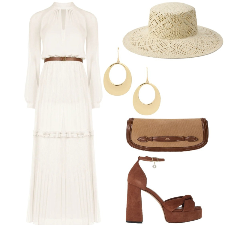 Outfit donna - Mi sposo in campagna. Stile Boho per Cerimonia. Abbinamento con sandali in pelle, vestiti lunghi, orecchini, clutch, cappelli.