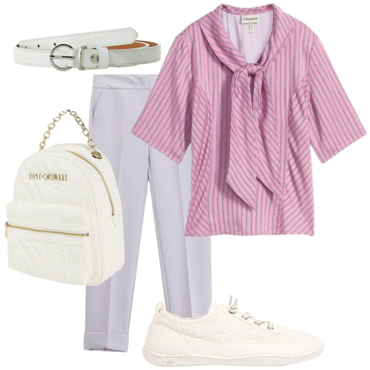 Outfit donna - La camicia malva. Stile Trendy per Tutti i giorni. Abbinamento con zaini, bluse, sneakers, cinture, pantaloni.