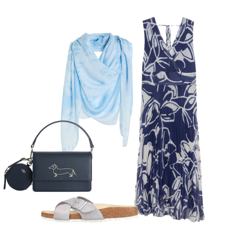 Outfit donna - Festa di matrimonio in campagna. Stile Minimal per Cerimonia. Abbinamento con sciarpe, sandali in pelle, borse a tracolla, vestiti lunghi.