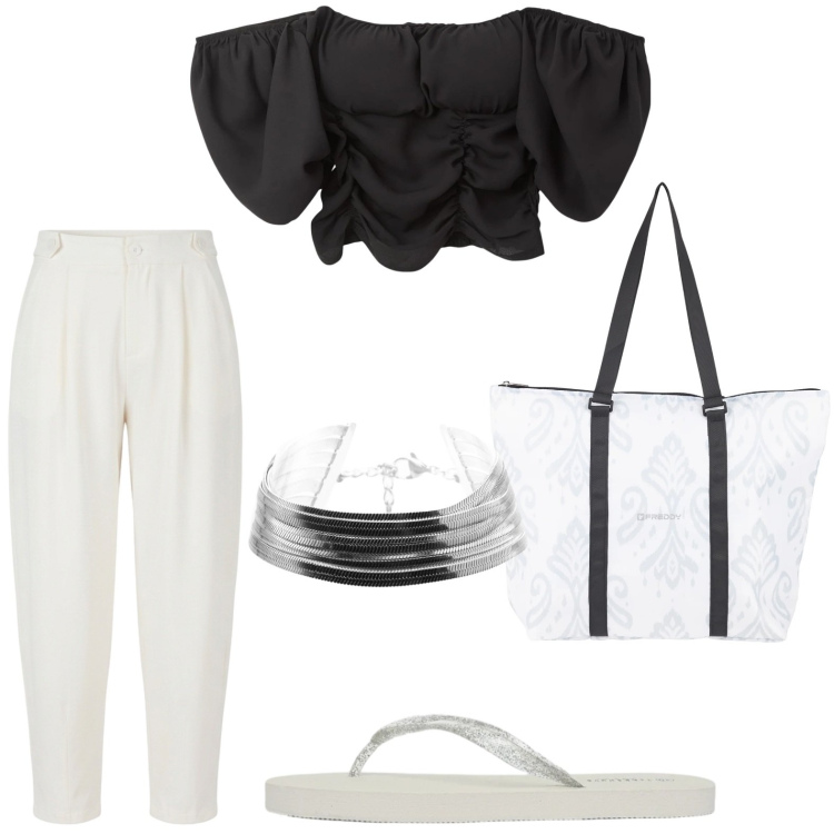 Outfit donna - Top con drappeggio. Stile Casual per Tutti i giorni. Abbinamento con bluse, infradito, pantaloni, shopping bag, braccialetti.
