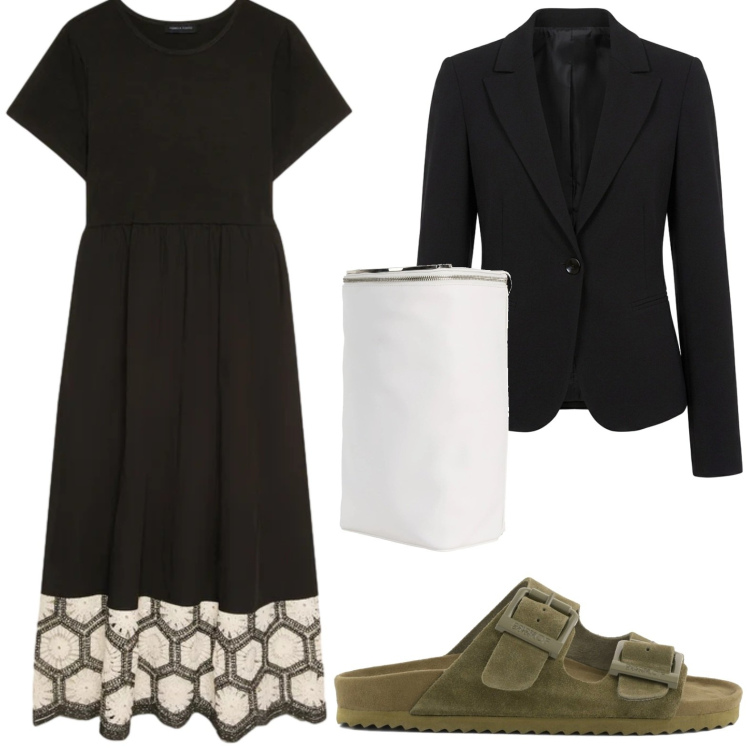 Outfit donna - Vestito con rouches. Stile Chic per Tutti i giorni. Abbinamento con zaini, blazer, vestiti lunghi, sandali in pelle.