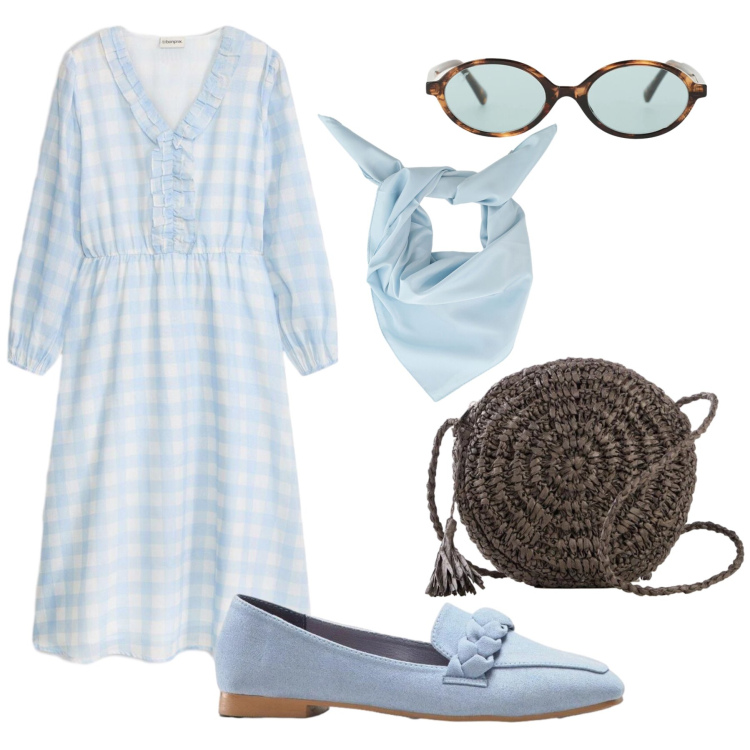Outfit donna - Estate lenta. Stile Bon Ton per Tutti i giorni. Abbinamento con mocassini, borse a tracolla, vestiti midi/longuette, occhiali da sole, foulard.
