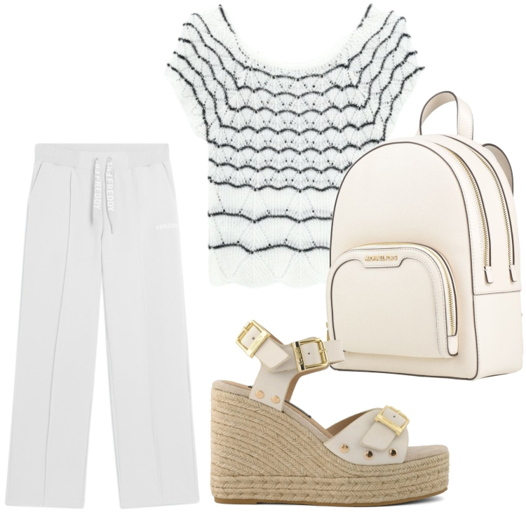 Outfit donna - Zeppa scamosciata. Stile Urban per Tutti i giorni. Abbinamento con zaini, canottiere, pantaloni, zeppe.