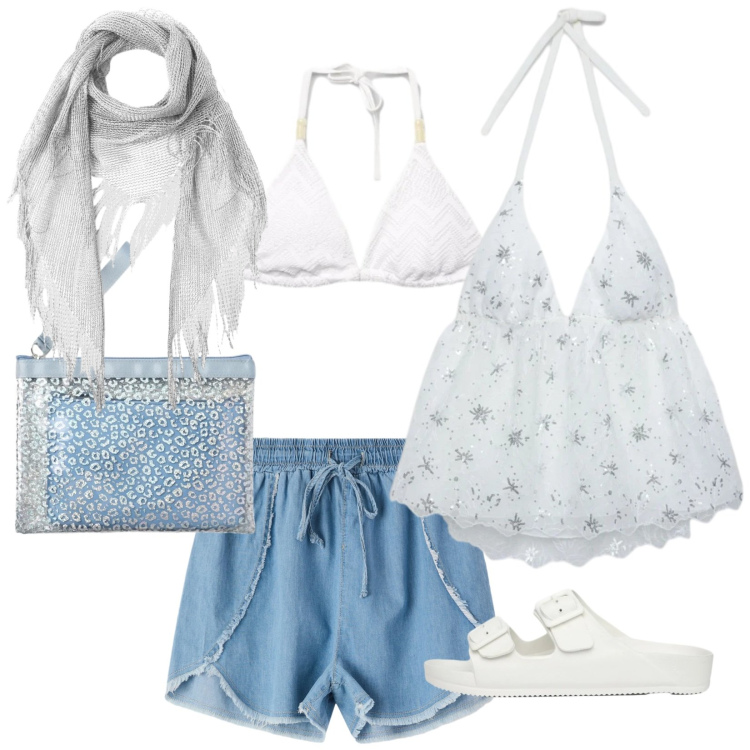 Outfit donna - Boho in spiaggia. Stile Boho per Mare. Abbinamento con shorts, pochette, ciabatte, top, bikini, vestiti da spiaggia.