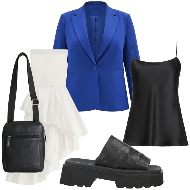 Outfit donna - Giacca blu cina. Stile Glamour per Tutti i giorni. Abbinamento con top, sandali in pelle, blazer, gonne lunghe, borse a tracolla.