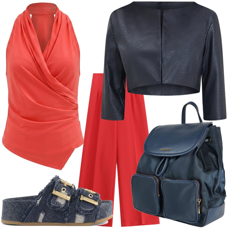Outfit donna - Top rosso fragola. Stile Glamour per Tutti i giorni. Abbinamento con zaini, top, bolero, pantaloni a palazzo, zeppe.
