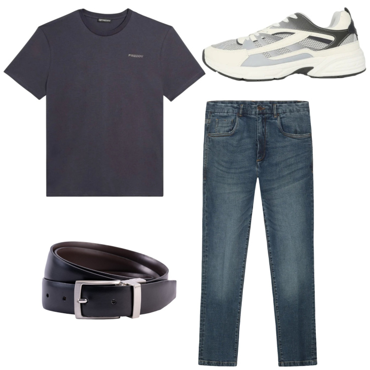 Outfit uomo - Sneakers minimal. Stile Casual per Tutti i giorni. Abbinamento con sneakers, t-shirt, jeans, cinture.