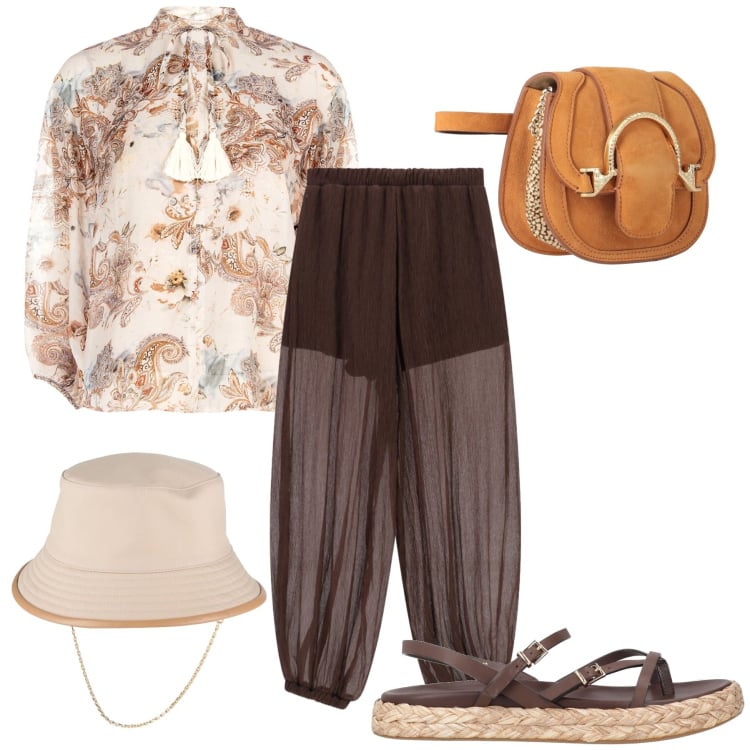 Outfit donna - Estate autentica. Stile Boho per Tutti i giorni. Abbinamento con marsupi, infradito, cappelli, bluse, pantaloni.