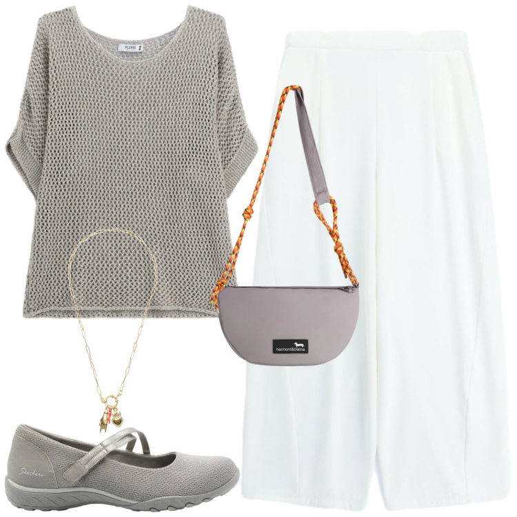 Outfit donna - Confort in città. Stile Casual chic per Tutti i giorni. Abbinamento con ballerine, borse a tracolla, top, pantaloni a palazzo, ciondoli.