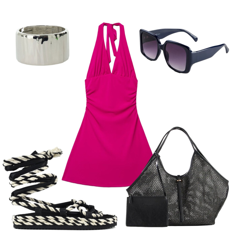 Outfit donna - Bold summer. Stile Glamour per Tutti i giorni. Abbinamento con shopping bag, occhiali da sole, vestiti corti, braccialetti, sandali.