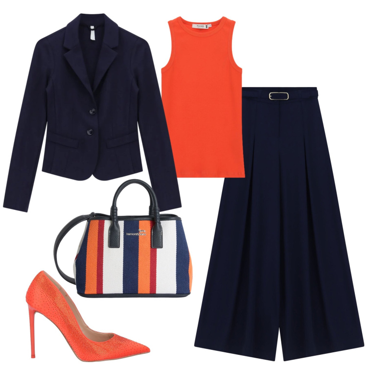 Outfit donna - orange details. Stile Casual chic per Ufficio. Abbinamento con décolleté, pantaloni a palazzo, blazer, shopping bag, top.