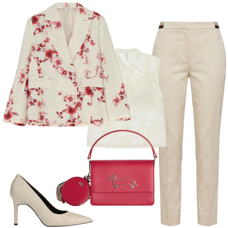 Outfit donna - Cream spring. Stile Casual chic per Ufficio. Abbinamento con décolleté, blazer, canottiere, pantaloni chino, borse a tracolla.