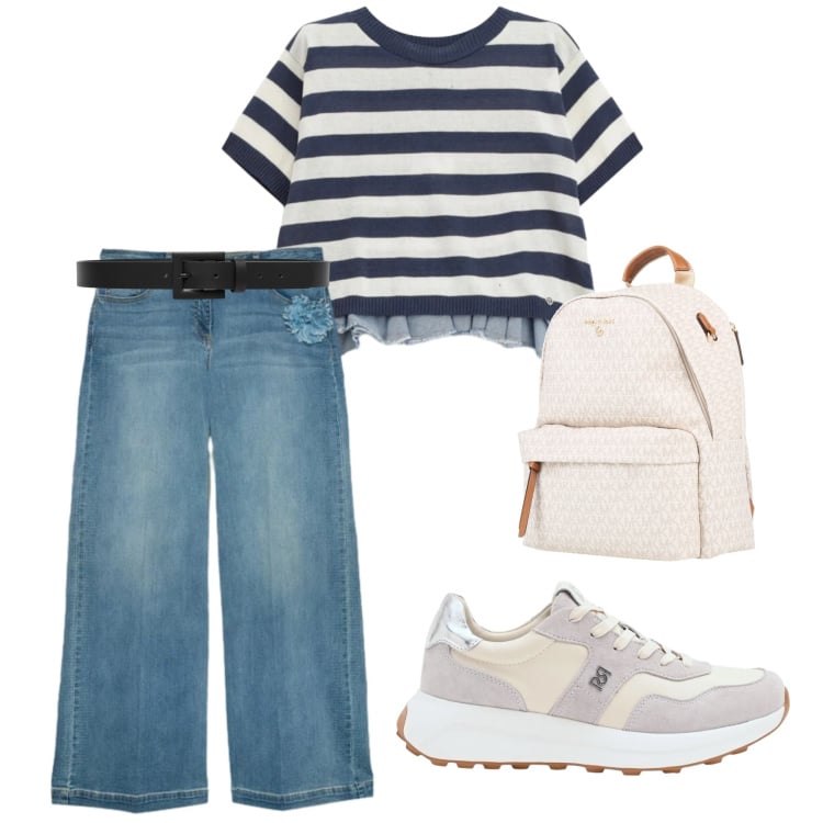 Outfit donna - Dinamico con brio. Stile Casual per Tutti i giorni. Abbinamento con zaini, sneakers, cinture, t-shirt, jeans.