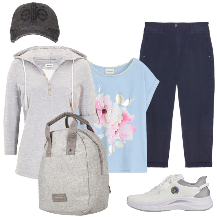 Outfit donna - In montagna. Stile Casual chic per Tutti i giorni. Abbinamento con zaini, maglieria, t-shirt, scarpe sportive, cappelli, pantaloni.