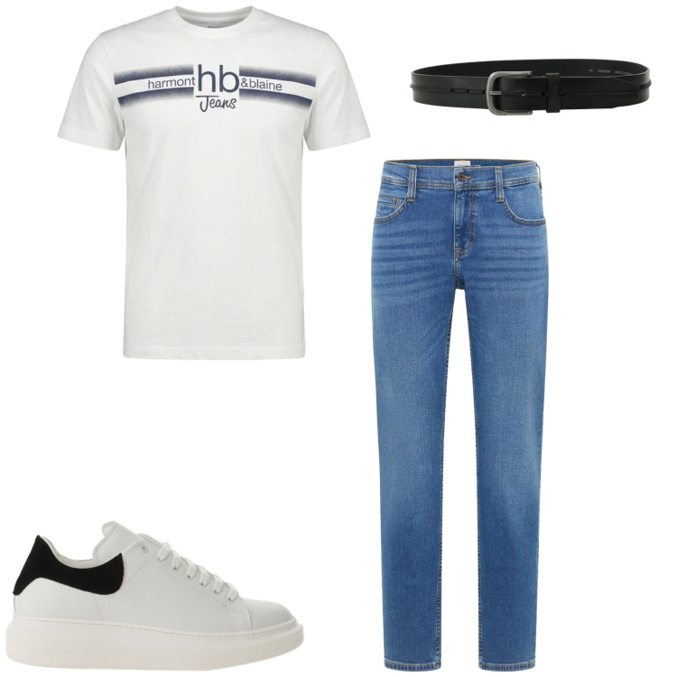 Outfit uomo - Un jeans e una maglietta. Stile Casual per Tutti i giorni. Abbinamento con jeans bootcut, sneakers, cinture, t-shirt.