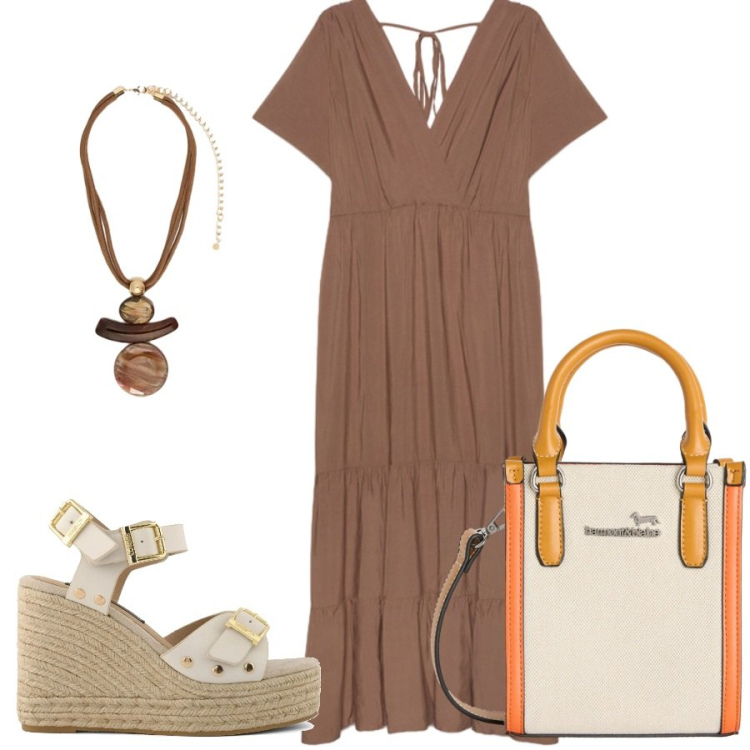 Outfit donna - Total look #2407830. Stile Casual chic per Tutti i giorni. Abbinamento con borse tote, vestiti lunghi, ciondoli, zeppe.