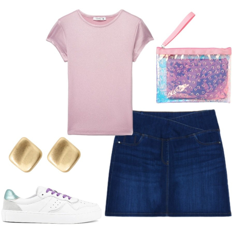 Outfit donna - Total look #2407831. Stile Casual chic per Tutti i giorni. Abbinamento con t-shirt, pochette, orecchini, minigonne, sneakers.