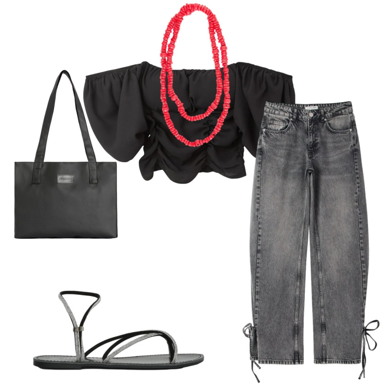 Outfit donna - Total look #2407837. Stile Urban per Tutti i giorni. Abbinamento con bluse, jeans, sandali, shopping bag, collane.