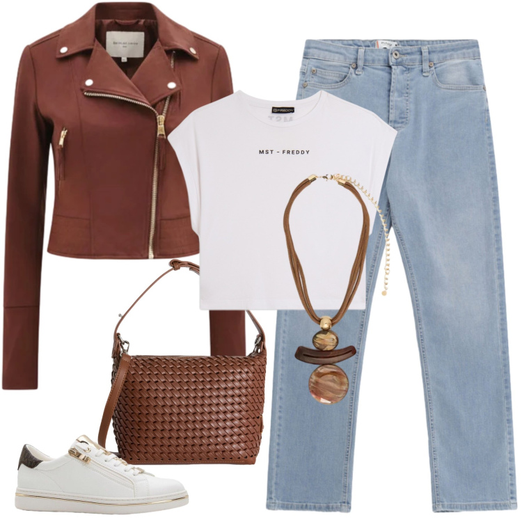 Outfit donna - simple stile. Stile Casual per Tutti i giorni. Abbinamento con sneakers, giacche, borse a spalla, jeans, t-shirt, ciondoli.