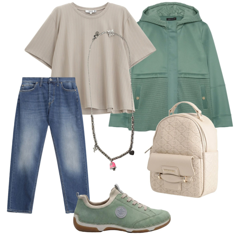 Outfit donna - Total look #2407845. Stile Urban per Tutti i giorni. Abbinamento con zaini, sneakers, t-shirt, jeans dritti, ciondoli, blazer.
