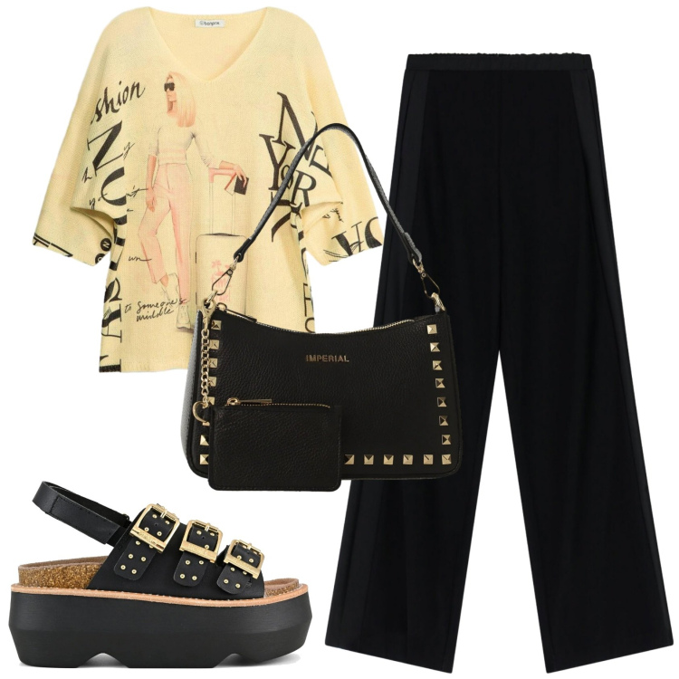Outfit donna - Total look #2407856. Stile Basic per Ufficio. Abbinamento con maglieria, pantaloni a palazzo, borse a spalla, sandali col tacco.
